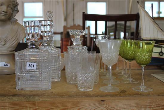 Pr silver topped decanters, 2 others & mixed glasses